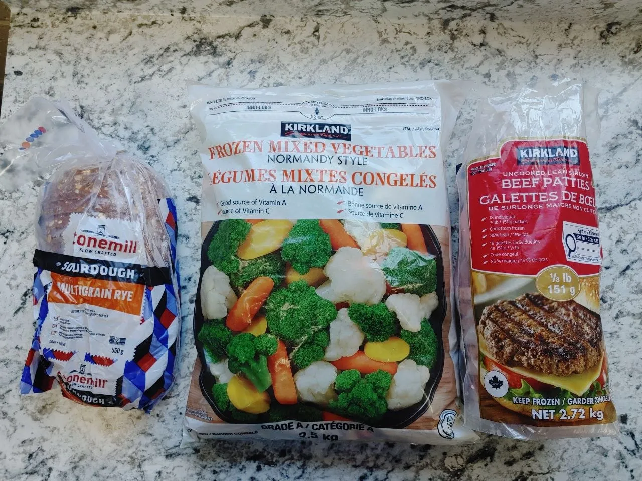 The ingredients. Sourdough, Normandy mix, beef patties.