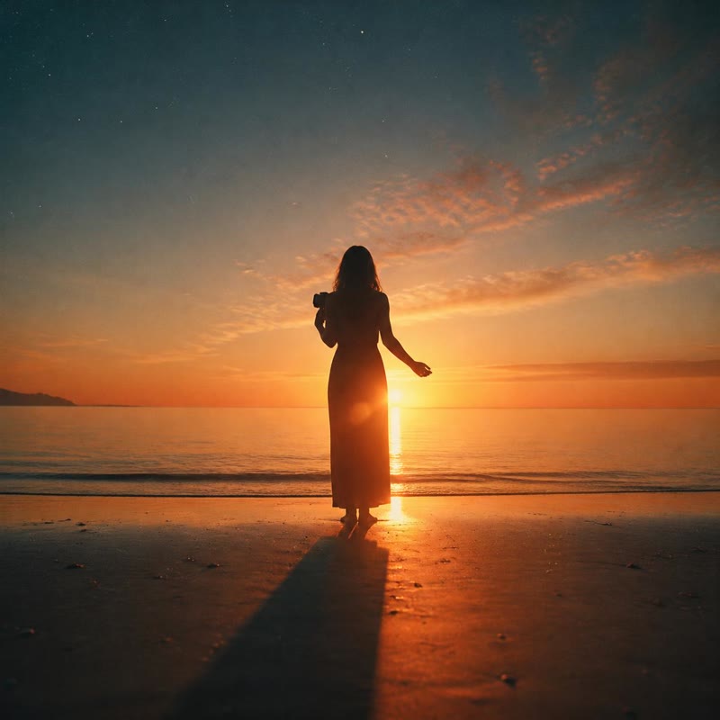 Somewhere East cover art: a woman in a flowing dress silhouetted against an ocean sunset on a quiet beach